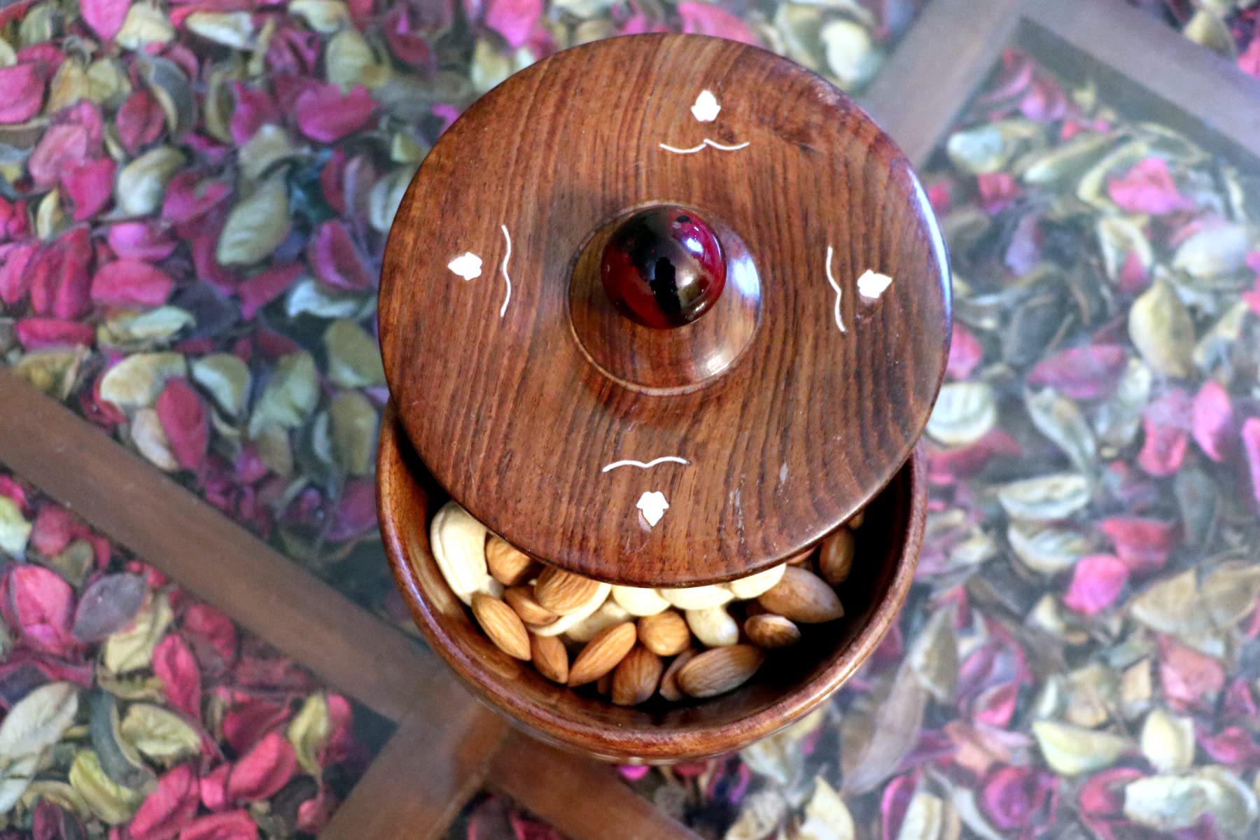 WOOD CAFE Jars Sheesham Wooden Handcrafted Box Pot Handmade White Working Serving Bowl with Lid for Dry Fruits, Serving Sweets,